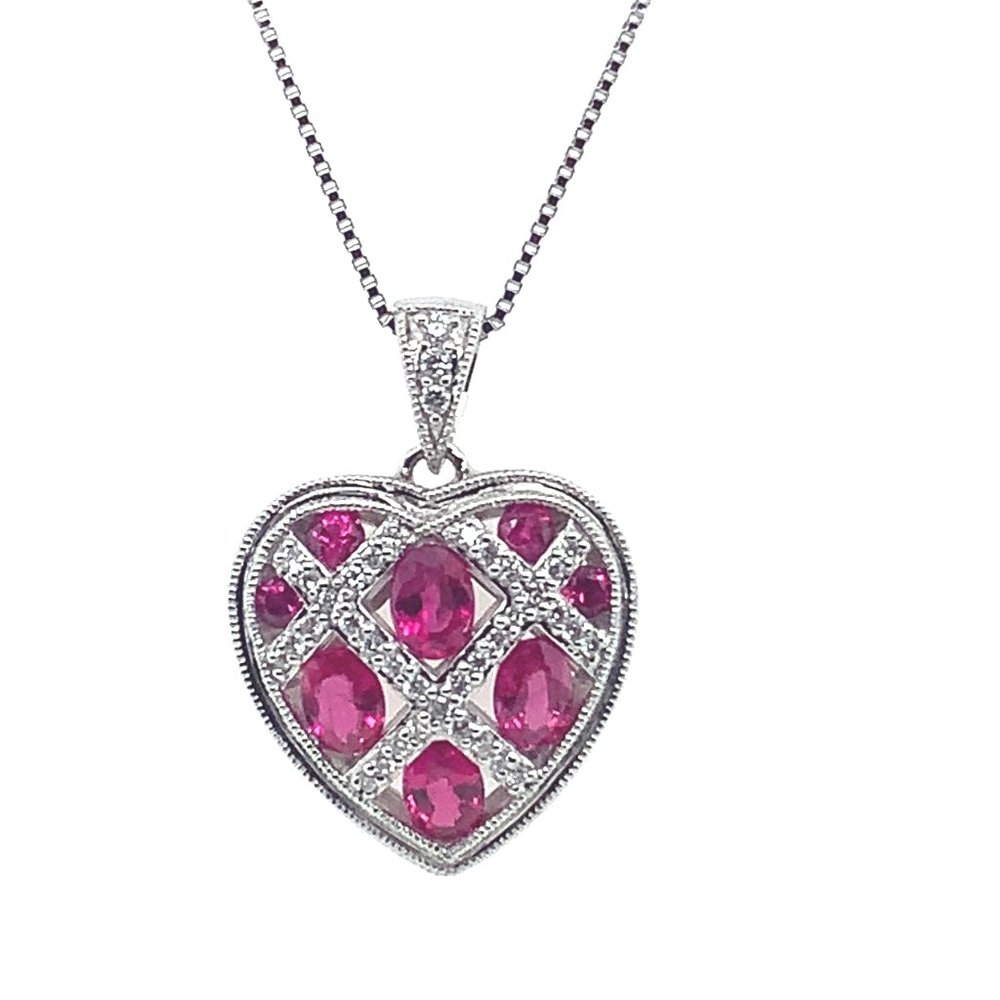 Ruby and Diamond 14KT White Gold Heart Pendant 18" Necklace